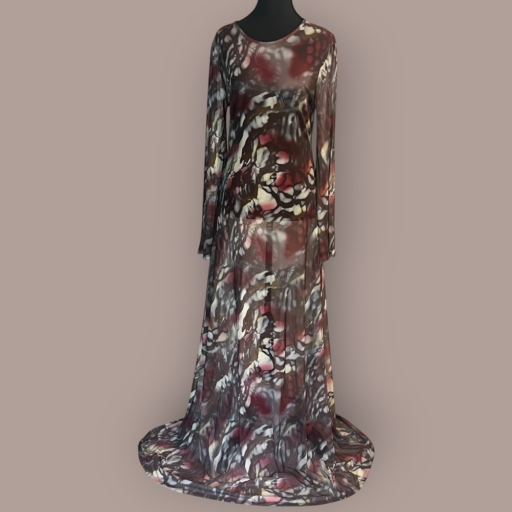 Sheer Mesh Abstract Print Maxi Dress Open Back Tie Neck Bell Sleeve Boho Y2K M/L - Picture 7 of 16